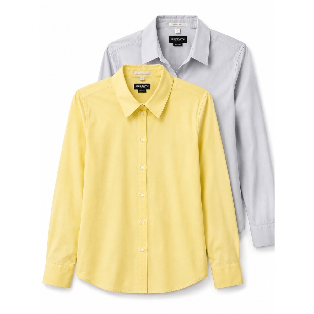 Liz Claiborne Career Womens L Shirt Lot 2 Yellow Gray Wrinkle Free Button Down